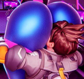 2girls 3d ass ass_focus blizzard_entertainment bodysuit brown_hair d.va dialogue eating_ass female female_only large_ass muunsfw overwatch overwatch_2 rimming scrag_d.va short_hair skin_tight text tracer tracer_(overwatch_2_suit) yuri