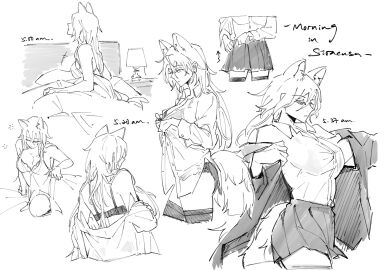 arknights bra breasts dressing female large_breasts monochrome morning multiple_views nightgown panties penance_(arknights) skirt solo wolf_girl