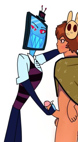 cinnamunch hand_on_penis penis pinned_to_wall twink vox_(hazbin_hotel)