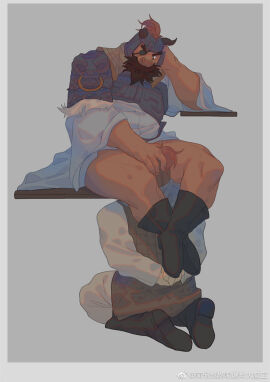 2boys a_zhai_ran_shao_ba_bao_zha_da_mo_wang bara beard big_nose check_copyright copyright_request facial_hair fake_horns fellatio full_beard full_body head_grab helmet highres horned_helmet horns implied_fellatio irrumatio kneeling male male_focus mature_male multiple_boys multiple_males muscular muscular_male oral original short_hair solo_focus thick_beard thick_eyebrows thick_thighs thighs yaoi