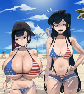 2girls american_flag_bikini asian asian_breasts asian_female asian_tits beach black_hair booruguru breasts color colored_inner_hair eyelashes eyeshadow fat_breasts female flat_belly goth goth_(booruguru) half-closed_eyes hoop_earrings hoop_earrings_oversized huge_breasts large_breasts multiple_females multiple_girls ocean original pulling_panties sand shiny_skin short_shorts sky sleaze_(booruguru) star_(symbol) tight_clothing tongue tongue_out top_heavy whale_tail_(clothing)