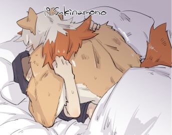 19_sukinamono 1_horn 2boys anthro arknights artist_name bara black_jacket canid canine canis colored_tips doctor_(arknights) domestic_dog furry furry_male furry_with_non-furry hands_on_another's_back hood hooded_jacket horns hung_(arknights) interspecies jacket male male_doctor_(arknights) male_focus multicolored_hair multiple_boys multiple_males muscular muscular_male nude on_bed sweat symbol-only_commentary under_covers yaoi