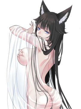 1girls animal_ears ass back_view black_hair blue_eyes breasts female fox_ears fox_girl huge_breasts indie_virtual_youtuber light-skinned_female light_skin looking_at_viewer looking_back sakae_izumi simple_background tokkihouse virtual_youtuber white_background