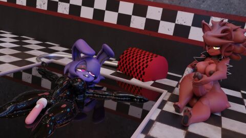 3d animatronic anthro areola big_breasts big_penis bonfie bonnie_(cally3d) bonnie_(fnaf) bound breasts buckteeth canid canine codabun digital_media_(artwork) duo encasement fazclaire's_nightclub fexa five_nights_at_freddy's fox foxy_(cally3d) foxy_(fnaf) fredina's_nightclub futanari genitals hi_res intersex lagomorph latex leporid machine mammal masturbation mostly_nude nipples penis pink_eyes pupils rabbit robot scottgames sex_toy slit_pupils teeth vibrator yellow_eyes