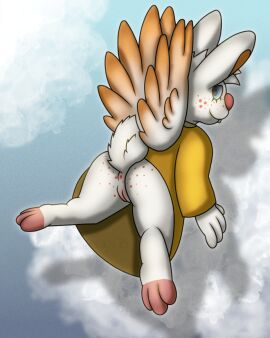 angel_gabby angel_hare anthro anthro_only anus ass blue_eyes clothing cloud female female_anthro female_only flying freckled_butt freckles furry furry_female furry_only genitals hi_res lagomorph looking_at_viewer looking_back mammal orangestheasd paws rear_view robe solo solo_anthro solo_female solo_furry tail the_east_patch vulva wings