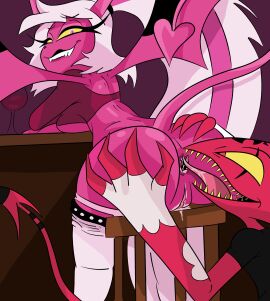 2demons anus ass ass_grab ass_spread biting_lip blitzo_(helluva_boss) bodily_fluids breast_squeeze breasts chair demon demon_girl demon_girls demon_horns demon_tail demon_wings demons eating_ass female helluva_boss imp imp_tail looking_back looking_down panties panties_down pants_down pink_body pink_hair ponytail saliva sideboob sitting_on_chair spicy_rabb stool succubus succubus_horns succubus_tail succubus_wings thick_ass tongue_in_anus verosika_mayday_(helluva_boss) vivienne_medrano