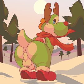 1boy anthro anus ass balls dinim dinosaur footwear genitals green_body green_yoshi looking_at_viewer looking_back male male_only mario_bros mostly_nude nintendo outside penis presenting rear_view reptile scalie scarf smile snow solo sweat tail yoshi
