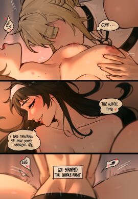 2girls arm_strap astra_yao black_gloves black_pants blonde_hair blush breast_grab breast_sucking breast_worship breasts chest_harness couple earrings elbow_gloves evelyn_chevalier female gloves half_gloves harness high-waist_pants highres jewelry large_breasts latex_pants long_hair mole mole_under_eye multiple_females multiple_girls necktie pants purple_eyes ring_hair_ornament shirt short_hair single_elbow_glove single_half_glove steffiepoo tight_clothes tight_pants uneven_bangs white_shirt wiistef yellow_necktie yuri zenless_zone_zero