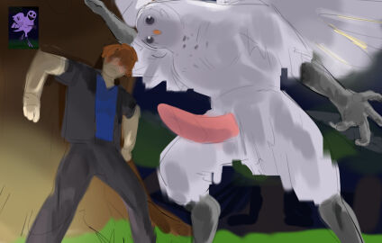 4_fingers 5_fingers 99_nights_in_the_forest absurd_res animal_genitalia anthro avian bacon_hair beak big_penis bird claws clothed duo fingers genitals hecreat hi_res human male male/male mammal owl owl_(99_nights_in_the_forest) penis plant reference_image roblox roblox_game robloxian shy size_difference tagme tree