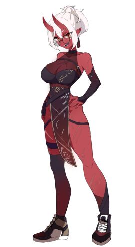 1girls akumi bare_shoulders black_footwear breasts choker cleavage demon demon_girl female full_body glasses gloves hair_between_eyes hand_on_hip horns huge_breasts jewelry large_breasts long_hair looking_at_viewer oni oni_horns pelvic_curtain pointy_ears ponytail red_skin scars shoes side_slit simple_background smile sneakers solo standing virtual_youtuber vyugen white_background white_hair yellow_eyes