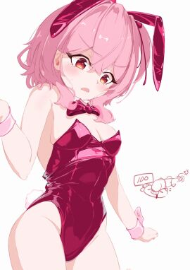 100 1girls bare_hips bare_shoulders baseball_bat blush blushing bowtie breasts bunny_ears bunny_girl bunny_tail bunnysuit exposed_shoulders female hdukl hi_res highres hips looking_down nijisanji nijisanji_en pink_hair red_eyes rosemi_lovelock side_ponytail small_breasts solo_female virtual_youtuber white_background wrist_cuffs wristwear