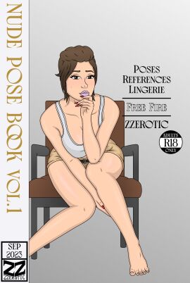 2023 artist_logo artist_name artist_signature big_breasts breasts brown_eyes brown_hair clothed clothing comic comic_panel curvaceous curvy curvy_female curvy_figure dated english_text eva_(free_fire) female free_fire garena huge_breasts looking_at_viewer magazine magazine_cover nude_pose_book patito_zzero pink_lipstick short_hair sitting solo solo_female solo_focus text zzerotic