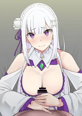 breasts clothed elf elf_female emilia_(re:zero) erect_penis female imminent_orgasm light-skinned_female light_skin male penis purple_eyes re:zero_kara_hajimeru_isekai_seikatsu shy silver_hair titjob unsure worried_expression