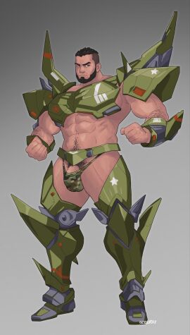 1boy abs armor bara beard bikini_armor bulge camouflage_male_underwear facial_hair full_beard full_body highres large_pectorals looking_at_viewer male male_focus male_only male_pubic_hair mature_male muscular muscular_male navel navel_hair original pauldrons pectorals penis penis_peek pubic_hair revealing_clothes sergray999 short_hair shoulder_armor solo standing stomach thick_arm_hair thick_eyebrows thick_navel_hair thick_thighs thighs tsurime undercut yaoi