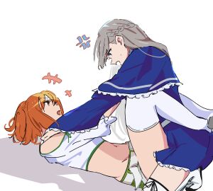 2girls absurdres anger_vein atenaba blue_capelet blue_dress blue_eyes braid brown_hair capelet catfight commentary cropped_shirt dress female female_only fighting french_braid grey_hair highres kanne_(sousou_no_frieren) lawine_(sousou_no_frieren) long_hair lying medium_hair multiple_females multiple_girls navel off_shoulder on_back open_mouth orange_eyes orange_hair shirt short_hair simple_background sousou_no_frieren sweatdrop symbol-only_commentary white_background white_shirt yuri