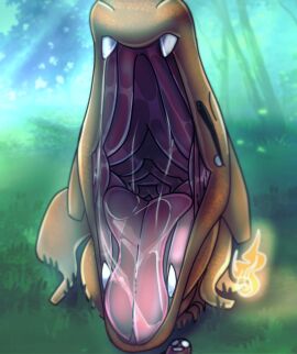 absurd_res bodily_fluids charizard claws comic dragon drooling fan_character generation_1_pokemon hi_res membrane_(anatomy) membranous_wings mouth_shot mythological_creature mythological_scalie mythology nintendo open_mouth orange_body pokeball pokemon pokemon_(species) saliva scales scalie size_difference vore wings