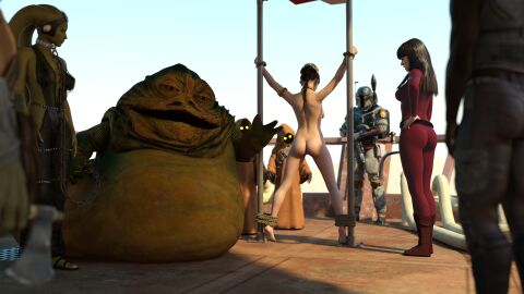 3d 3girls alexbridger ankles_tied ass black_hair boba_fett bodysuit braided_hair brown_hair bubble_ass bubble_butt catsuit dancer dancer_outfit female fishnets green_skin harem harem_girl harem_outfit hutt imminent_punishment imminent_whipping jabba_the_hutt jawa long_hair mandalorian_armor melina_carniss on_display oola princess_leia_organa sail_barge slave slave_collar slave_girl slave_leia slave_outfit star_wars tatooine twi'lek whip wrists_tied