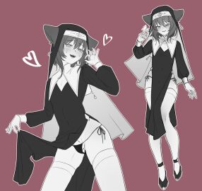 1boy animal_ears balls black_footwear blush bulge cat_boy cat_ears clothes_lift covered_navel crossdressing dress dress_lift earrings erection erection_under_clothes fellatio_gesture greyscale greyscale_with_colored_background habit hair_between_eyes half-closed_eyes hand_up handjob_gesture heart highres jewelry lifting_own_clothes long_sleeves looking_at_viewer male male_focus male_only medium_hair monochrome multiple_views naughty_face nun open_mouth original otoko_no_ko outline panties pelvic_curtain penis puffy_sleeves rat_squeak red_background shoes side-tie_panties simple_background smile standing string_panties teeth testicles thighhighs underwear