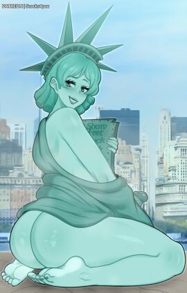 1boy 2023 ass blush detailed_background erect_penis feet femboy feminine_male fine_art_parody girly green_body green_eyes green_hair grin grinning_at_viewer hi_res kneeling looking_at_viewer male male_only national_personification penis public_domain ringlets scocks4you smiling smiling_at_viewer solo statue_of_liberty thick_ass