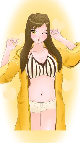 1girls ;o alternate_costume bare_midriff bare_thighs bikini breasts brown_hair cleavage coat female female_only fire_emblem fire_emblem_awakening hair_over_shoulder heart large_breasts long_sleeves midriff minarai_ssbsp nail_polish navel nintendo one_eye_closed open_mouth pink_nails robin_(fire_emblem) robin_(fire_emblem)_(female) shorts solo swimsuit thighs twintails white_bikini white_swimsuit yellow_background yellow_eyes