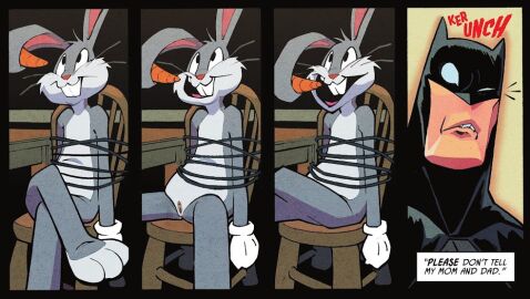 anthro basic_instinct batman batman_(bruce_wayne) batman_(series) bound bruce_wayne buckteeth bugs_bunny carrot casual_exposure casual_nudity clothing costume crossed_legs crossover cuntboy dc dc_comics duo food genitals gloves gloves_only handwear handwear_only human intersex intersex/male lagomorph leporid looney_tunes male mammal mostly_nude nude plant presenting presenting_pussy pussy rabbit sillydraco smile spread_legs spreading surprise surprised_expression teeth third-party_edit tied_to_chair vegetable warner_bros warner_brothers what