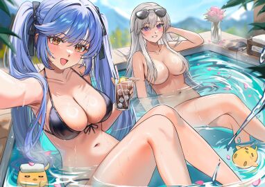 2girls :d arm_up armpits azur_lane bathing bathtub bikini bird black_bikini black_ribbon blue_hair blush breasts cg cleavage collarbone convenient_censoring cup day enterprise_(azur_lane) enterprise_(bathing_under_sunny_skies)_(azur_lane) essex_(azur_lane) eyewear_on_head female flower front-tie_top grey_hair hair_censor hair_over_breasts hair_ribbon holding holding_cup large_breasts long_hair looking_at_viewer manjuu_(azur_lane) multiple_females multiple_girls navel nude official_alternate_costume open_mouth outdoors partially_submerged petals pool purple_eyes selfie sitting smile stomach sunglasses swimsuit thighs twintails very_long_hair water wet white_hair