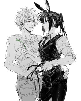 2boys alternate_costume ass bishonen blue_eyes blush bunny_boy bunny_ears bunny_tail dollar_bills fully_clothed gay gintama gintoki_sakata hand_on_ass hand_on_butt hijikata_toshiro huaisheng long-haired_male long_hair male male_only male_playboy_bunny money monochrome muscular muscular_male nervous nervous_smile ponytail prostitution red_eyes sleeves_rolled_up smile spot_color sweatdrop toned toned_male whip yaoi