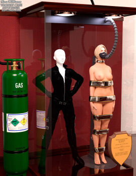 1girls 3d blonde_hair bound bound_arms bound_legs completely_nude completely_nude_female female female_only full_body mannequin nina_williams nude nude_female solo tekken thejpeger trophy_case unconscious unconscious_female