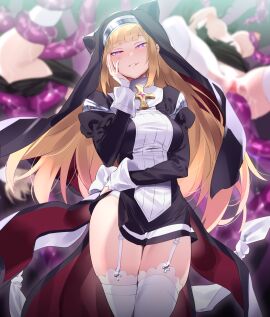 3girls bangs blonde_hair blunt_bangs blurry blurry_background breasts charlotte_(exorcist_charlotte) commission cowboy_shot depth_of_field dress exorcist_charlotte female garter_belt garter_straps glowing glowing_eyes habit hand_on_own_cheek hand_on_own_face head_tilt juliet_sleeves long_hair long_sleeves looking_at_viewer medium_breasts mizuki_konoe multiple_females multiple_girls nanaichi no_future nun parted_lips pelvic_curtain puffy_sleeves purple_eyes pussy short_dress sidelocks skeb_commission smirk solo_focus spitroast standing tentacle tentacle_sex thighhighs thighs vaginal_penetration white_thighhighs