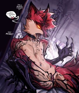 1girls 2023 anthro bed canid canine cheek_tuft chest_tuft collar corruption cuntboy demon digital_media_(artwork) ear_piercing english_text eyebrow_piercing facial_piercing facial_tuft female forked_tongue fox fur furniture genitals glowing glowing_eyes hi_res horn intersex looking_pleasured male mammal marvel marvel_comics maxspite multi_nipple multicolored_body navel navel_piercing nipples nude nude_cuntboy open_mouth orange_eyes original original_character piercing pupils pussy red_body red_fur slime slit_pupils solo spider-man_(series) symbiote tail teeth tentacle text tongue tongue_out tuft vaginal_penetration venom venom_(marvel)