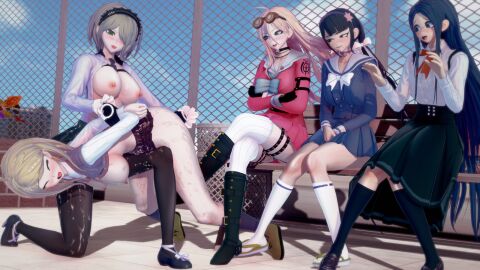 3d akamatsu_kaede breasts chabashira_tenko danganronpa danganronpa_v3 exhibitionism female fingering fingering_partner iruma_miu koikatsu large_breasts leon_(artist) shirogane_tsumugi toujou_kirumi yuri