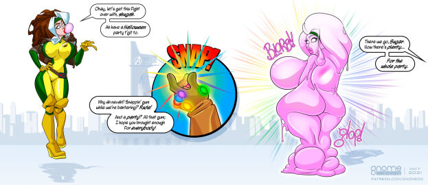 ass ass_expansion body_transformation breast_expansion breast_growth breast_growth_(enlargement) breasts bubblegum bubblegum_girl bubblegum_tranaformation candy candy_girl candy_transformation eye_color_change female figure_transformation food_creature food_girl food_humanoid gnomeoo hair_color_change hair_growth hourglass_figure huge_ass huge_breasts marvel marvel_comics rogue_(x-men) skin_color_change thigh_expansion transformation transformation_sequence x-men