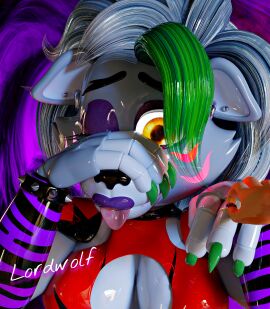 2025 3d 4_fingers animatronic anthro black_nose breasts canid canine canis claws clothed clothing coolioart digital_media_(artwork) ear_piercing ear_ring eyebrows female fingers five_nights_at_freddy's five_nights_at_freddy's:_security_breach flashlight genitals glistening glistening_body green_claws green_highlights grey_hair hair hi_res highlights_(coloring) lipstick looking_at_viewer lordwolf machine makeup mammal nipples piercing pointy_ears prick_ears purple_lipstick ring_piercing robot robot_anthro roxanne_wolf_(coolioart) roxanne_wolf_(fnaf) scottgames steel_wool_studios wolf yellow_eyes