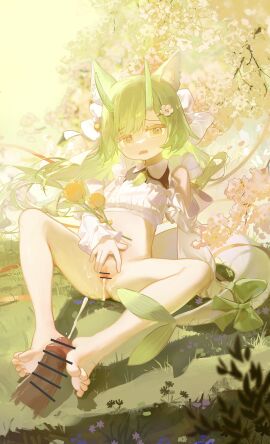1boy absurdres animal_ear_fluff animal_ears bar_censor barefoot bottomless bow bug butterfly butterfly_on_hand cat_ears cat_girl censored clothing_cutout commentary crop_top cum cum_in_pussy cumdrip detached_sleeves disembodied_penis egg_vibrator feet female flower footjob full_body grass green_hair green_tail hair_flower hair_ornament hairbow hand_up highres holding_with_feet horns large_variant_set legs long_hair long_sleeves looking_at_viewer male midriff navel neko_blow nekoblow object_insertion on_ground open_mouth original outdoors penis pussy sandals sex_toy shirt shoes sitting soles solo_focus spread_pussy spreading_own_pussy straight symbol-only_commentary tail tail_bow tail_ornament toenails toes two-footed_footjob unworn_sandals unworn_shoes vaginal_object_insertion vaginal_penetration variant_set vibrator white_shirt yellow_eyes yellow_flower