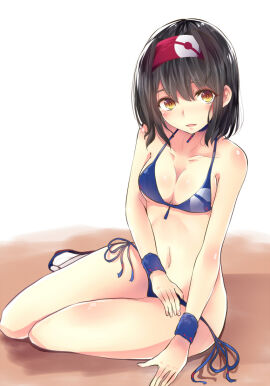 bare_arms bare_belly bare_legs bare_shoulders bare_thighs belly_button bikini black_hair blue_bikini blush body_blush breasts choker cleavage collarbone e-co erika_(pokemon) feet female flip_flops hairband medium_breasts open_mouth pokemon red_hairband sandals shiny_skin short_hair side-tie_bikini_bottom sitting smile socks thighs white_socks wristband yellow_eyes