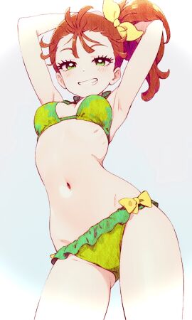 1girls 2020s 2025 arms_behind_head ass_visible_through_thighs bare_shoulders bikini bow breasts brown_hair cleft_of_venus collarbone cowboy_shot female frills gluteal_fold green_bikini green_eyes grey_background grin hairbow hi_res light-skinned_female light_skin looking_at_viewer natsuumi_manatsu navel precure pretty_cure simple_background smile smiling_at_viewer solo standing stomach swimsuit teenage_female teenager tropical-rouge!_precure yellow_bow young young_female zap2000jp