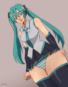 blue_eyes blush breasts female hair_tail hatsune_miku huge_hips jarieltt long_hair looking_down medium_breasts visible_underwear vocaloid