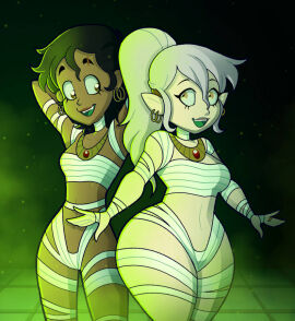 2girls amity_blight amulet breasts brown_hair brown_skin disney disney_channel earrings female female_only green_lighting halloween halloween_costume luz_noceda medium_breasts multiple_females multiple_girls mummy_costume mummy_wrappings necklace pink_hair ponytail slender_body small_breasts the_owl_house the_owl_house_(finale) thick_thighs tonyneely white_skin wrapped wrapped_arms wrapped_breasts wrapped_hands wrapped_legs wraps