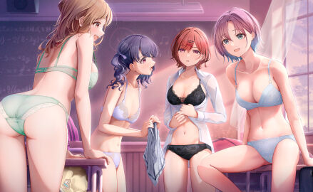 4girls asakura_toru ass back bare_arms bare_ass bare_back bare_legs bare_midriff bare_shoulders bare_thighs belly belly_button black_bra black_panties black_underwear blue_bra blue_eyes blue_panties blue_underwear bra breasts brown_eyes brown_hair changing changing_clothes changing_clothing changing_room cleavage collarbone dot_nose elbows female female_focus female_only frilled_bra frilled_panties frilled_underwear fujinomiya_rio fukumaru_koito green_bra green_panties green_underwear groin hair_between_eyes hairpin high_resolution highres higuchi_madoka ichikawa_hinana idolmaster idolmaster_shiny_colors large_breasts leaning leaning_forward legs legs_together light_skin long_hair matching_underwear medium_breasts multiple_females multiple_girls navel nude open_mouth panties petite petite_body petite_breasts petite_female purple_bra purple_eyes purple_hair purple_panties purple_underwear red_eyes red_hair short_hair sideboob sitting skirt slender_body slender_waist slim_female slim_waist small_breasts spread_legs standing thick_ass thick_thighs thighs thin_waist twintails underwear v-line wavy_hair white_shirt whiteboard