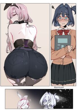 2girls animal_ear_hairband animal_ears ass black_corset black_hair black_hairband black_shoes black_skirt blue_eyes blush book bow bowtie breasts brown_cardigan cardigan commentary corset english_commentary fake_animal_ears glasses hair_intakes hairband headphones headphones_around_neck highres holding holding_book hololive hololive_english large_breasts mori_calliope multiple_girls one_side_up ouro_kronii pantyhose pink_eyes pink_hair pleated_skirt pomuya rabbit_ears red_bow red_bowtie shoes skirt squiggle torn_clothes torn_pantyhose virtual_youtuber yuri