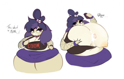 animal_crossing ass big_ass big_breasts big_butt bodily_fluids breasts canid canine canis clothing cum dialogue domestic_dog emo english_text female genital_fluids goth huge_breasts hyper hyper_breasts isabelle_(animal_crossing) mammal nintendo simple_background solo text thick_thighs tofetanuki