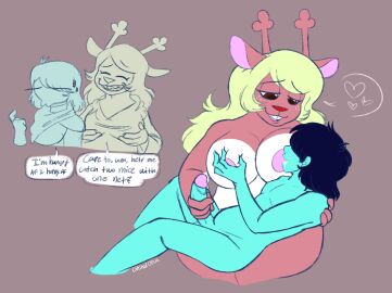 anthro anthro_on_human big_breasts breastfeeding breastfeeding_handjob deltarune dialogue furry grabbing_breasts kris_(dark_world_form) kris_(deltarune) naked naked_female naked_male noelle_holiday noelle_holiday_(dark_world_form) nonbinary nonbinary_(lore) oorca pink_nipples undertale_(series) unknown_source