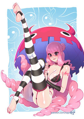 1girls arm_tattoo barefoot bat_tattoo black_bra black_eyes black_lingerie black_panties bra breasts bridal_gauntlets choker feet female female_only garter_belt garter_straps holding_umbrella kajinman large_breasts lingerie long_hair looking_at_viewer nail_polish one_piece painted_fingernails painted_toenails panties perona pink-haired_female pink_hair pink_tattoo soles solo stirrup_legwear striped_legwear tattoo tattoo_on_arm thigh_highs umbrella