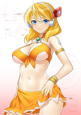 absurdres alia alia_(mega_man) android armlet big_breasts bikini bikini_skirt blonde_hair blue_eyes body_(bacoborn) bracelet bracelets breasts capcom chest_jewel cleavage clenched_teeth female gradient_background hands_on_own_hips headgear highres jewelry joints large_breasts long_hair looking_at_viewer medium_hair mega_man mega_man_(series) mega_man_x mega_man_x_(series) mega_man_x_dive multicolored_bikini navel navigator orange_bikini orange_swimsuit robot robot_ears robot_girl robot_joints sky smile solo summer swimsuit swimsuit_alia_(mega_man) swimsuit_alia_(x_dive) teeth two-tone_bikini