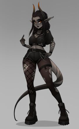1girls black_hair black_lips black_shorts boots breasts choker combat_boots crop_top cutoffs demon demon_girl denim_shorts female fishnet_legwear fishnet_sleeves fishnet_top fishnets full_body genderswap_(mtf) goth goth_girl grey_background grey_skin hotpants long_pointy_ears medium_breasts middle_finger midriff narrow_waist navel orange_eyes pointy_ears rule_63 single_thighhigh solo tail the_invitation_(comic) thick_eyebrows torn_pantyhose variant_set william_loving_iii_(incase) zackargunov