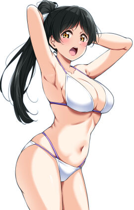 armpits arms_behind_head arms_up bare_arms bare_belly bare_legs bare_shoulders bare_thighs belly_button big_breasts bikini black_hair blush breasts cleavage collarbone female hair_ribbon hazuki_ren long_hair love_live! love_live!_superstar!! open_mouth ponytail standing thighs white_bikini yellow_eyes yopparai_oni
