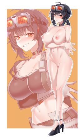 absurdres ahoge bare_shoulders black_hair breasts dogs_(dlrkdejr26) female goggles goggles_on_head grace_howard hair_between_eyes high_heels highres large_breasts looking_at_viewer naked_footwear navel nude orange_eyes pussy solo uncensored zenless_zone_zero