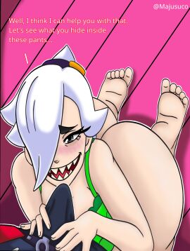 ass big_ass bra brawl_stars bulge colette_(brawl_stars) dialogue edgar_(brawl_stars) erection feet female grabbing_penis looking_at_viewer majusuco male on_knees penis pointy_teeth smiling