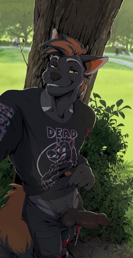 1boy 2024 absurd_res animal_genitalia animal_penis bottomwear canine_genitalia canine_penis claws clothed clothing clothing_lift erection finger_claws genitals hair hi_res knot looking_at_viewer male maracaso no_humans original outside pants penis plant shirt shirt_lift solo standing tail topwear tree