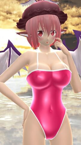 1girls 2023 3d beach belly_button blush breasts clavicle cleavage female finger_on_face hat hati_yukkuri_mmd headwear imperishable_night kemonomimi light-skinned_female light_skin mmd mystia_lorelei one_arm_up open_mouth outdoors owl_ears pink-haired_female pink_eyes pink_swimsuit short-haired_female sky solo_female solo_focus sunset swimsuit touhou waist water winged_hat wings youkai